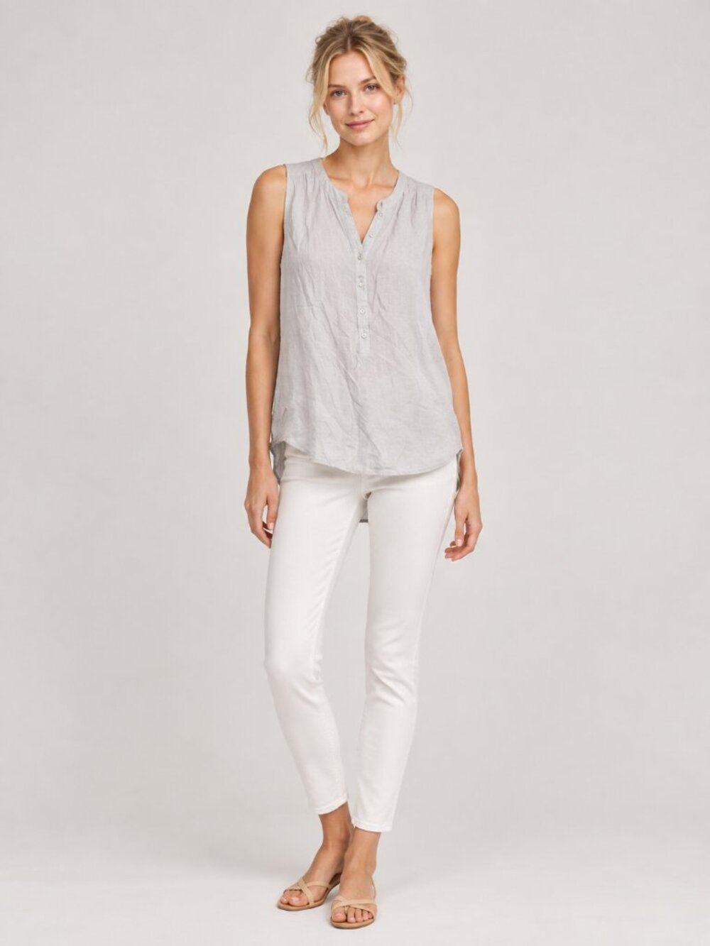 TAHARI Linen Sleeveless Popover Shell Henley Blouse Light Grey Medium #A4575